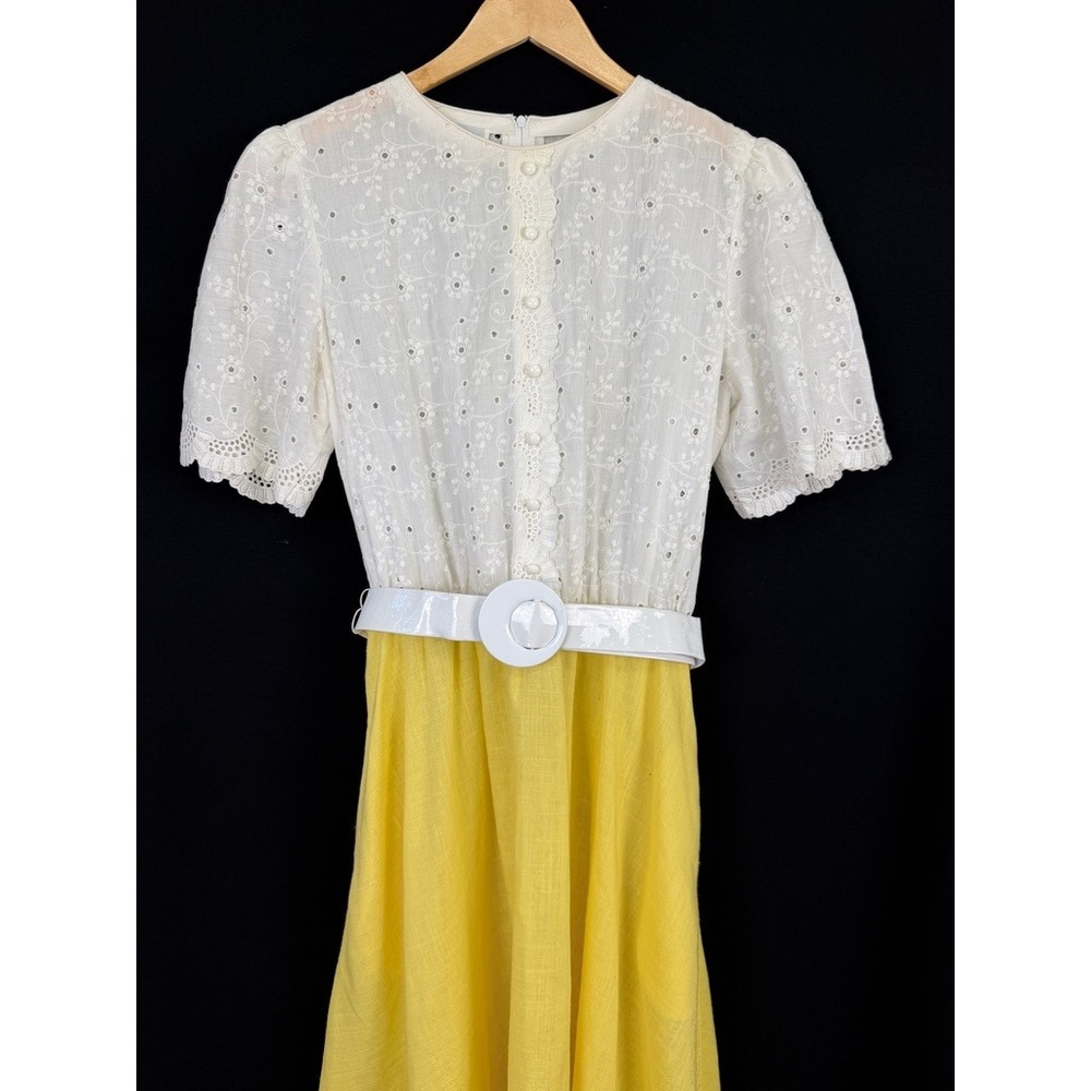 Vintage Henry Lee Eyelet Prairie Midi Dress Womens 12 Yellow White Cottagecore